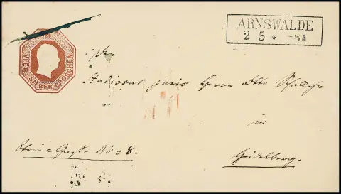 Entier postal octogonal 4 Sgr. brun-rouge, enveloppe de luxe exceptionnellement fraîche et bien conservée avec Ra2 "Arnswalde" idéalement pour Heidelberg, rare surtaxe ! Mi....
