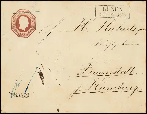 Entier postal octogonal 4 Sgr. brun-rouge (Schilling n° "3") grand format avec Ra2 "Lünen" pour Barmstedt en Schleswig-Holstein (à l'époque danois)....