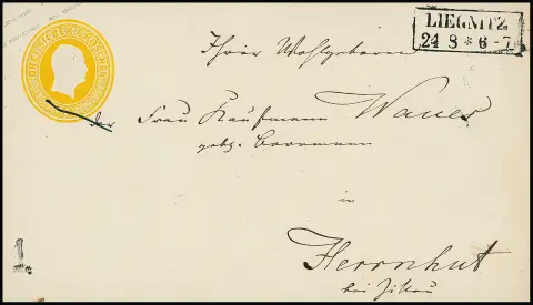 Entier postal tête 3 Sgr. jaune, petit et grand format, deux splendides enveloppes avec Ra2 "Liegnitz" pour Herrnhut/Saxe, chacune avec au recto en bas à gauche un très rare cachet de boîte rurale "1"