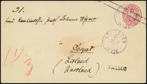 Entier postal armoiries 1 Sgr. rose avec double K1 franco violet "Göttingen F." comme lettre pour l'étranger vers Dorpat/Russie (rare), port restant de "3" Sgr. payé en espèces