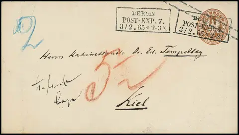 Entier postal armoiries 3 Sgr. brun ocre, enveloppe de cabinet avec Ra3 "Berlin Post-Exp. 7" 1865 à une adresse connue, Kabinettsrath Dr. Tempeltey à Kiel. Envoyé comme lettre de boîte, avec mention pour le 2e échelon de poids.