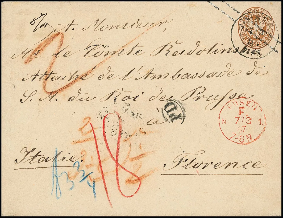 Wappen-Ganzsache 3 Sgr. ockerbraun im Großformat mit wahrscheinlich einmaliger Kombination des K2 "Posen" und des roten Franko-K1 "Posen F.N.1", 7.3.1867, als…
