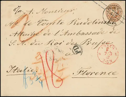 Entier postal armoiries 3 Sgr. brun ocre grand format avec combinaison probablement unique du K2 "Posen" et du K1 franco rouge "Posen F.N.1", 7.3.1867, comme lettre pour l'étranger vers l'Italie, à l'attaché de l'ambassade de Prusse à Florence !