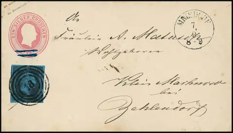 "18" avec K1 "Meisdorf", cachet rare dans la 2e répartition clairement sur enveloppe-entier 1 Sgr. rose avec pièce de luxe 2 Sgr. noir/bleu à grandes marges pour Kleinmachnow (près de Jehlendorf), seules deux lettres de Meisdorf sont enregistrées