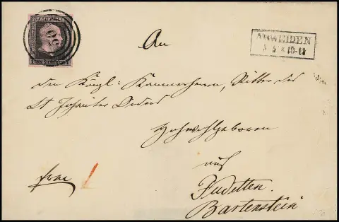 "50" avec Ra2 "Arweiden" net sur lettre de luxe 1 Sgr. pour Judetten près de Bartenstein, au recto taxe rouge "1" (donc lettre du 5.5.1851, le bureau de poste fut…