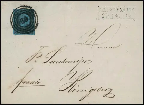 "60" avec Ra2 "Peitschendorf", bureau de poste est-prussien très rare (ouvert seulement le 1.10.1856, 2e distribution) sur lettre pour Königsberg avec 2 Sgr. noir/bleu…