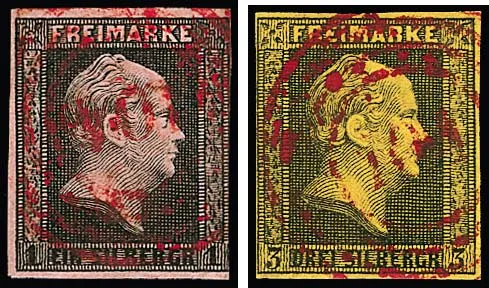 "104" (Berlin Bahnpost, Sped.-Bur. I) in red, two different types (easily recognizable by the different digits of the "0") on 1 Sgr. black/pink (right edge) and 3 Sgr. black/yellow (good). Rare red NS from the Kruschel collection, Feuser + 1500,-