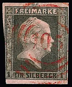 "105" (Berlin Bahnpost, Sped.-Bur. II) en rouge clair sur 1 Sgr. noir/rose (légèrement touché à gauche), rare oblitération de la coll. Kruschel, Feuser + 750,-
