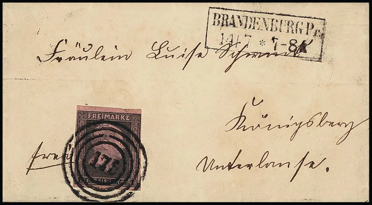 "175" together with Ra2 "Brandenburg Pr." on small superb cover 1 Sgr. (small scratch in upper margin) to Königsberg, a very rare postal location, certificate Flemming. Feuser + 1500,-