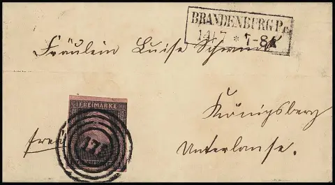 "175" avec Ra2 "Brandenburg Pr." sur petite lettre magnifique 1 Sgr. (petite rayure dans la marge supérieure) pour Königsberg, lieu postal très rare, certificat Flemming. Feuser + 1500,-