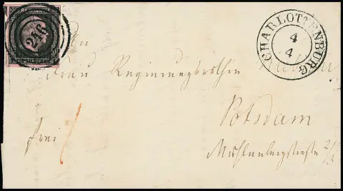"246" avec K2 "Charlottenburg" chacun très clair sur fraîche petite lettre de luxe 1 Sgr. noir/lila rose d'avril 1851. Contenu concernant la Diète fédérale de l'époque et l'envoi de députés prussiens. Rare oblitération (de la même correspondance provenait une lettre exprès de la coll. Kuphal)