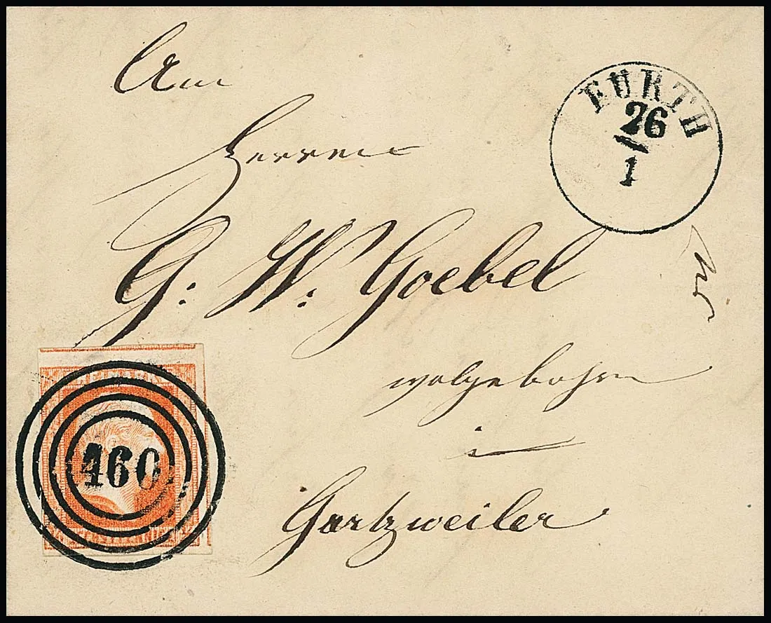 "460" clair avec cachet à dé préphilatélique "Fürth" sur lettre de luxe avec 1/2 Sgr. rouge-orange (marques latérales en haut et à droite) comme port spécial vers Garzweiler (d'Elsen le 25.1.1851)
