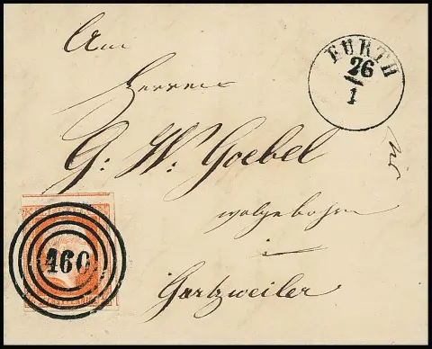 "460" clair avec cachet à dé préphilatélique "Fürth" sur lettre de luxe avec 1/2 Sgr. rouge-orange (marques latérales en haut et à droite) comme port spécial vers Garzweiler (d'Elsen le 25.1.1851)
