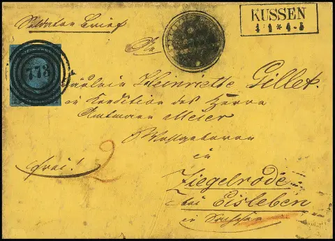 "773" avec Ra2 "Kussen" très clair sur "lettre de soldat" naturellement un peu défraîchie (vs. cachet de service) avec 2 Sgr. bleu (bord de loupe à droite) vers Ziegelrode près d'Eisleben, de Kirchdorf. Rare lettre à cachet numéral de la 1ère distribution (fermée 11/1853)