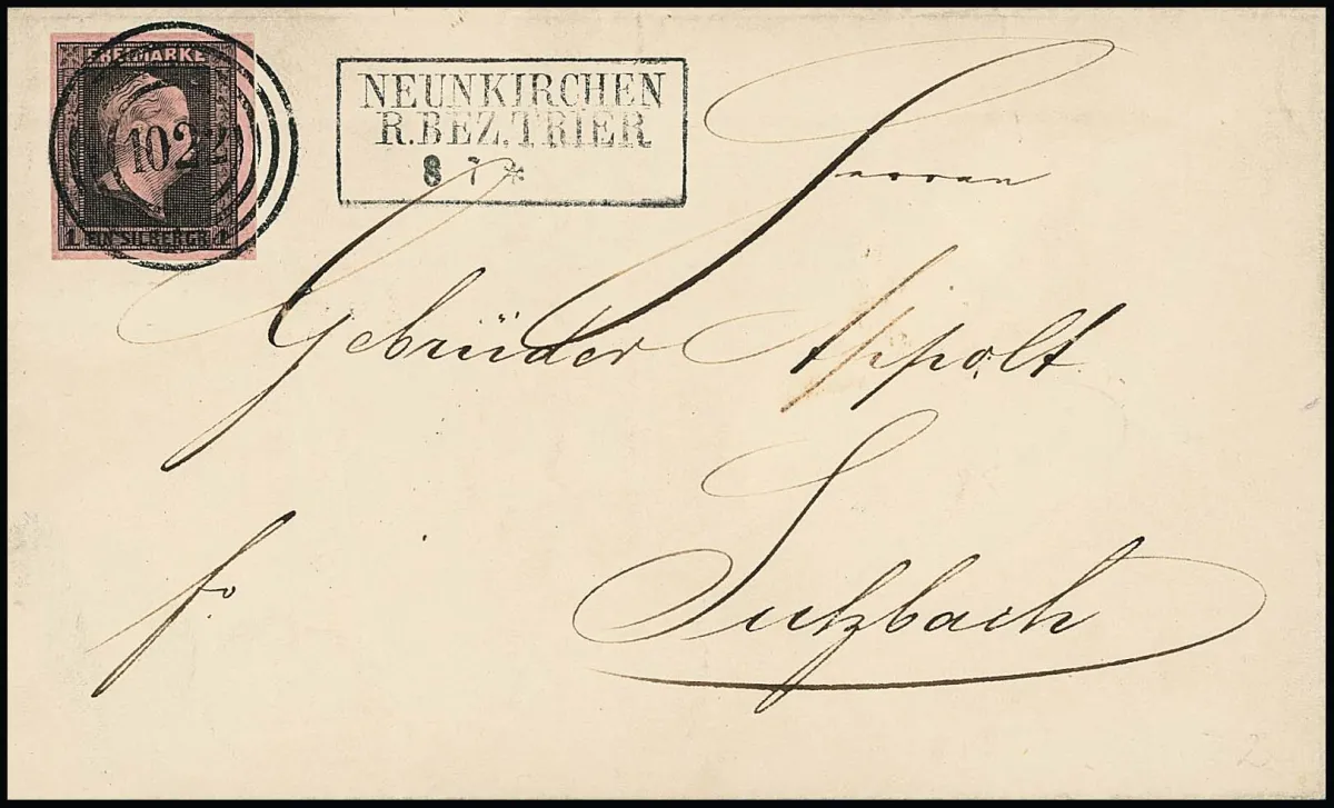 "1022" nebst Ra3 "Neunkirchen R.Bez. Trier" klar auf Luxusbrief 1 Sgr. vom rechten Rand. Ein schöner Brief des guten Saar-Ortes. Feuser + 500,-