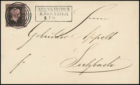 "1022" avec Ra3 "Neunkirchen R.Bez. Trier" clair sur lettre de luxe 1 Sgr. du bord droit. Une belle lettre de la bonne localité sarroise. Feuser + 500,-