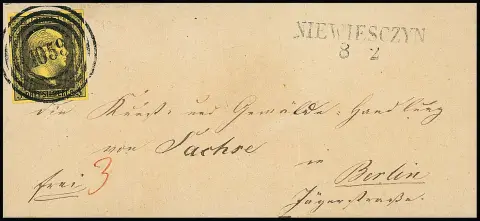 "1059" et L2 "Niewiesczyn" clair sur petite lettre de luxe du 8.2.1851 avec 3 Sgr. noir/jaune vers Berlin, un cachet très rare de l'OPD Marienwerder dans la 1ère distribution, illustré dans le manuel Krauß, Feuser + 2500,-
