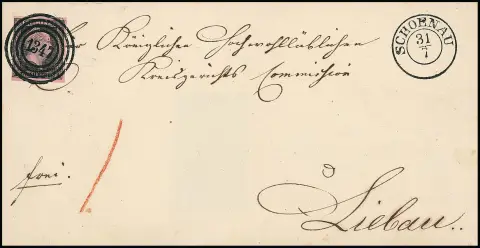 "1347" avec K2 "Schoenau" extrêmement beau sur lettre décorative (au verso pas tout à fait complet) avec pièce de luxe 1 Sgr. noir/lilas rose (taxe rouge "1") du 31.7.1851, photo exp. Flemming