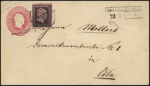 "1430" et Ra2 "Waldböckelheim" net sur entier 1 Sgr. rose avec affranchissement complémentaire 1 Sgr. noir/rose, à gauche encore complet, sinon larges marges. Rare lettre à cachet numéral en parfait état, 2e répartition (auparavant Steimke), Feuser + 1200,-