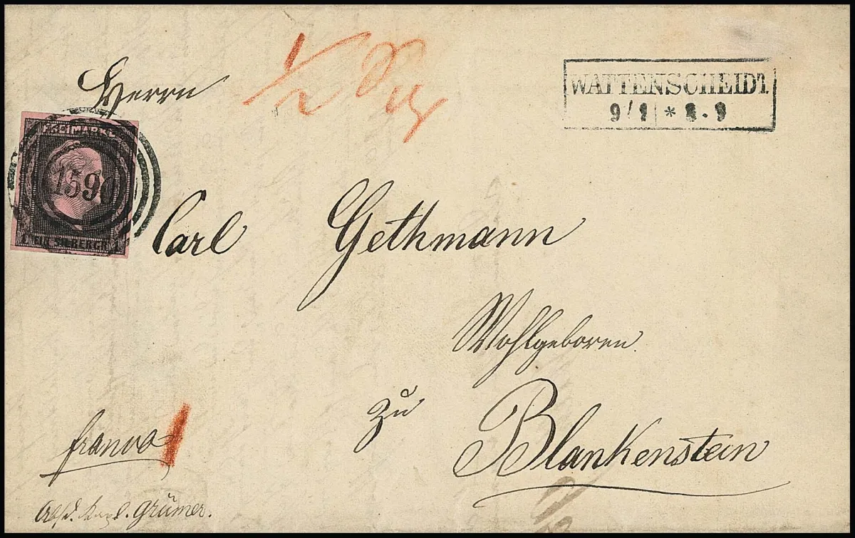 "1590" nebst Ra2 "Wattenscheid" sehr klar auf dekorativem Brief mit Kabinettstück 1 Sgr. nach Blankenstein (vom 9.1.1851), hs. Röteltaxe "1" und 1/2 Sgr."…