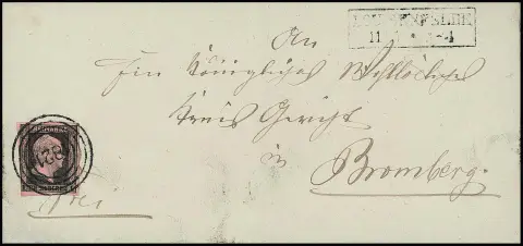 "1821" et Ra2 "Louisenfelde" net sur lettre avec 1 Sgr. noir/rose (légèrement touché) pour Bromberg, seule cette unique lettre est connue, cf. manuel Krauß (y reproduit)