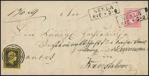 "1861" comme oblitération sur le 3 Sgr. noir/jaune d'or (nuance intense), le 1 Sgr. rose collé en haut à droite, 3e émission "Gittergund", en revanche avec Ra2 "Nekla", les deux impeccables, sur lettre (adresse partiellement surchargée)