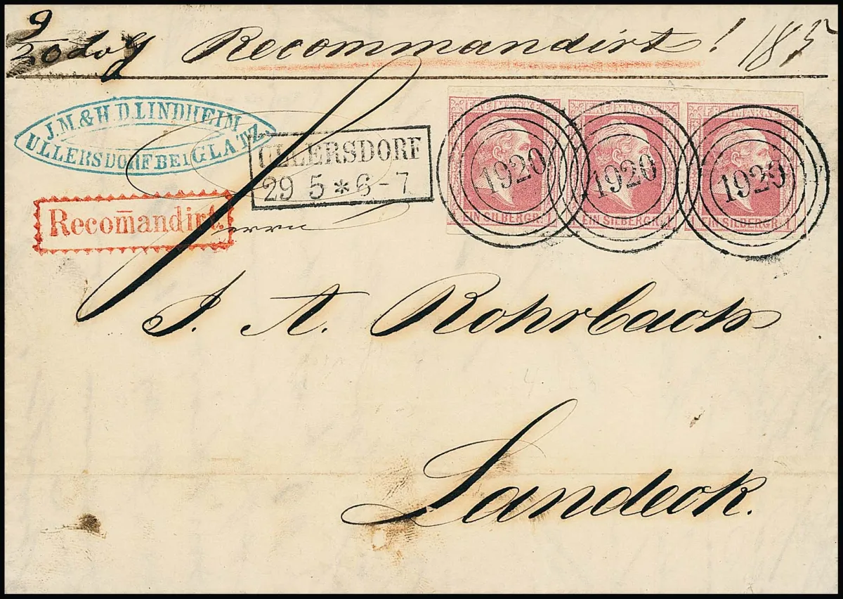 "1920" avec Ra2 "Ullersdorf" très net et beau sur lettre recommandée décorative avec bande de trois 1 Sgr. rose, seul timbre gauche touché à gauche, sinon…