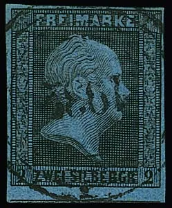 "1932" (Conz) net et centré sur pièce de choix 2 Sgr. noir/bleu, certificat Jäschke-L.