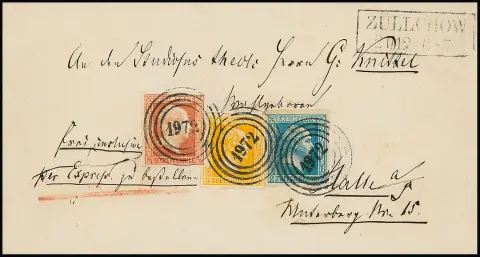 "1972" et Ra2 "Züllichow" très clair sur lettre exprès (ouverte latéralement, légères traces de nettoyage) avec pièces de cabinet à larges marges 1/2 Sgr. rouge-orange ainsi que 2 Sgr. bleu et 3 Sgr. orange, attestation Brettl, unique en son genre !