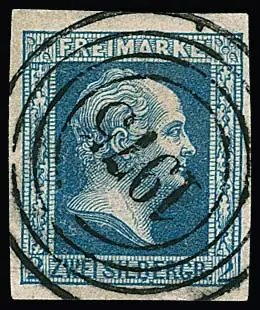 "1975" (Friedrichsthal), bon NS de la Sarre clair et centré sur pièce de cabinet 2 Sgr. bleu, celle-ci avec défaut de plaque "éclat au B de SILBERGR." (seul Mi. 600,-), signé Kastaun, Banker