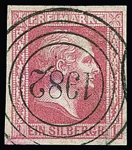 "1982" (Augustwalde), seltene hohe Nummer, klarer und zentrischer Abschlag des seltenen Brandenburg-NS auf Kabinettstück 1 Sgr. karmin (m.E. schon "b"), sign.…