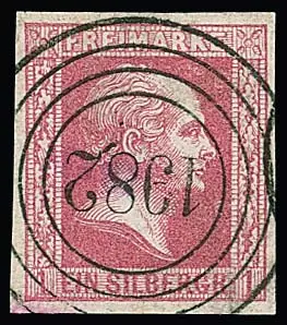 "1982" (Augustwalde), rare numéro élevé, frappe claire et centrée du rare NS de Brandebourg sur pièce de cabinet 1 Sgr. carmin (à mon avis déjà "b"), signé Ebel, Banker, Kastaun, R.F. Engel et attestation Jäschke-L.