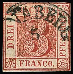 3 Pfge. dark red, plate III, sheet field 15 (incl. "dot in O of FRANCO"), very deep and intense, almost cherry-red shade, with K1 "Annaberg", top right…