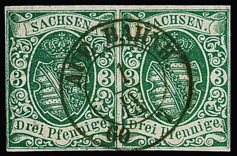 3 Pfge. bleu-vert, paire de luxe horizontale avec un K2 centrique "Aue Bahnhof", photo-exp. Rismondo