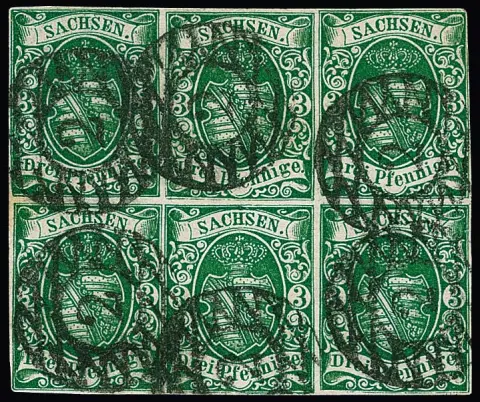 3 Pfge. vert bleuâtre, bloc de six frais et décoratif avec NS "2" clairs. Cinq timbres à pleine marge, seul en haut à droite légèrement touché. Timbre inférieur droit…