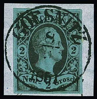 2 Ngr. noir/bleu-gris sur fragment de lettre de luxe avec oblitération K1 centrée "Goesnitz" en forme spéciale, 1851