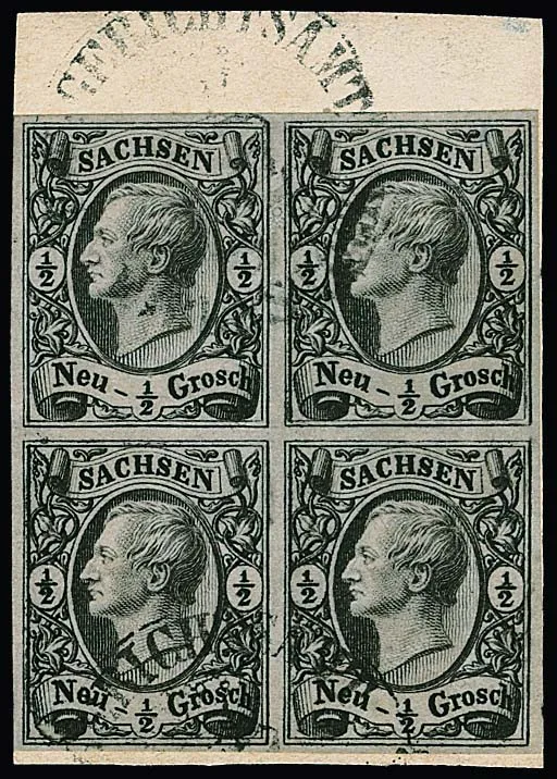 1/2 Ngr. noir/gris en bloc de quatre sur fragment de lettre de cabinet avec cachet de tribunal clair d'Eibenstock, timbre inférieur gauche avec défaut de plaque I ("valeur inférieure gauche cassée"), unité rare, certificat Rismondo