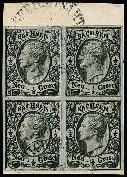 1/2 Ngr. noir/gris en bloc de quatre sur fragment de lettre de cabinet avec cachet de tribunal clair d'Eibenstock, timbre inférieur gauche avec défaut de plaque I ("valeur inférieure gauche cassée"), unité rare, certificat Rismondo