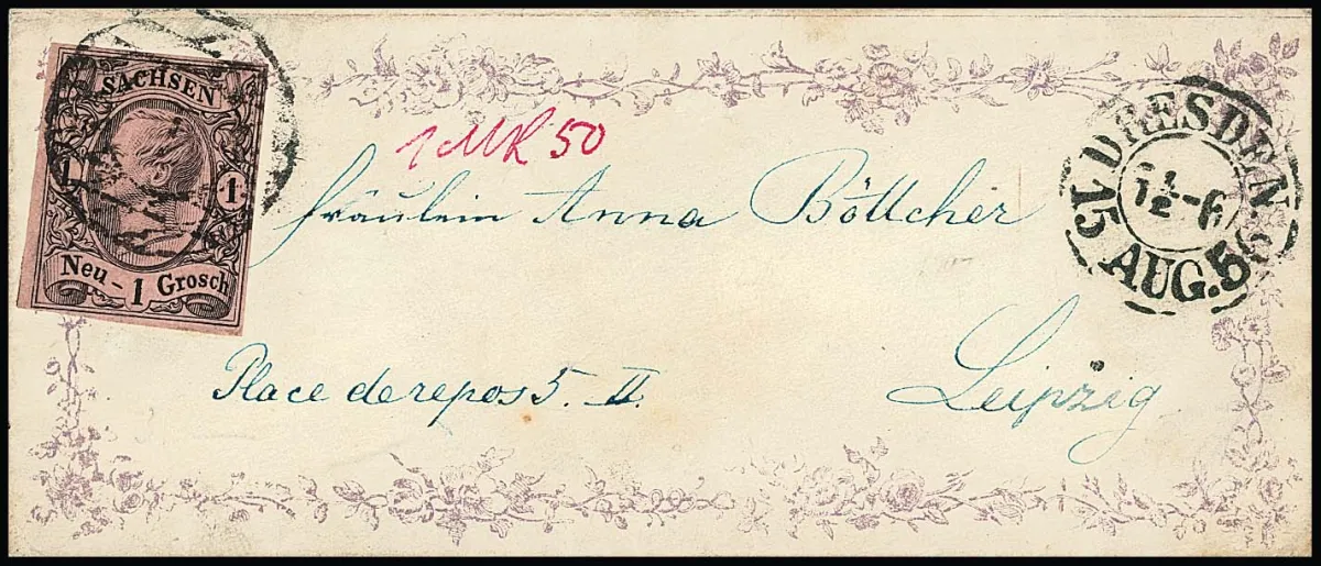 1 Ngr. black/pink single on charming small, violet-pink printed Biedermeier decorative letter from Dresden 1856, reverse also with full-surface print, a beautiful letter! Certificate Vaatz and signed Rismondo