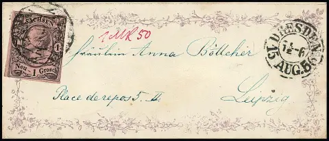 1 Ngr. noir/rose seul sur charmant petit billet décoratif Biedermeier imprimé en violet-rose de Dresde 1856, verso également avec impression pleine page, une belle lettre ! Certificat Vaatz et signé Rismondo
