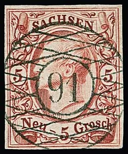 5 Ngr. brick red, luxury piece with ideally centred NS "91" (Kirchberg), signed Rismondo