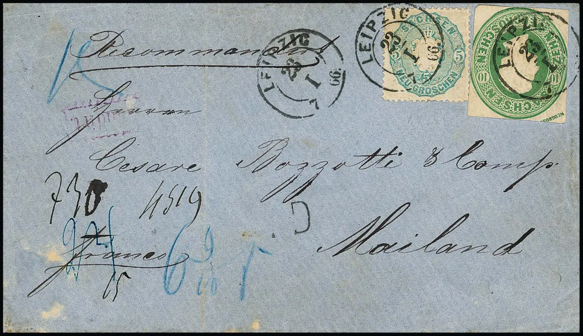5 Ngr. gris-bleu et découpe rectangulaire d'entier postal Johann 10 Ngr. vert dans la coupe typique sur enveloppe recommandée (celle-ci avec traces d'usage typiques et pli à gauche à l'extérieur)…
