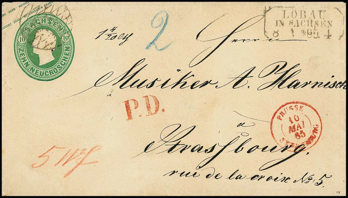 Johann postal stationery 10 Ngr. green, magnificent envelope with NS "45" and auxiliary Ra3 "Löbau in Sachsen" as double letter to Strasbourg (overfranked by about 1 Ngr.), red auxiliary L1 "P.D" and transit K2 from Strasbourg 1865…
