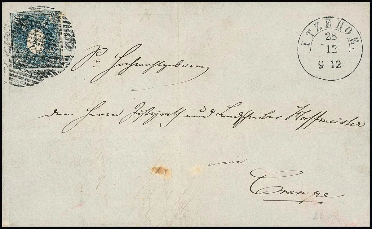 1 Sch. blue single on folded letter with double rust cancel "16" and K2 "Itzehoe" from 28.12.1850 to Crempe. Stamp touched at top right, otherwise...