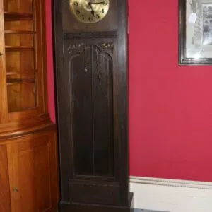 Grandfather clock circa 1920 with 2 weights, movement works, W 52cm x D 26cm x H 196cm