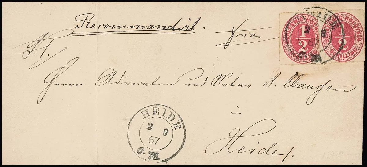 1/2 Sch. pink-lilac in pair (right stamp very slightly rounded corners) on magnificent and completely originally preserved local registered letter with K2 "Heide" of 2.8.1867. While for normal registered letters a registration fee of 2 1/2 Sch. was charged, apparently for registered local letters a special fee of only 1/2 plus 1/2 Sch. applied. This is the only local registered letter from Schleswig-Holstein known to me