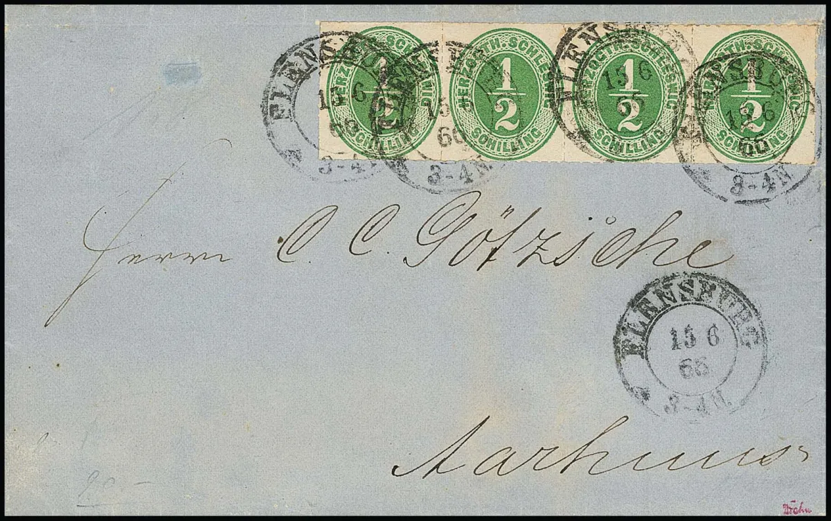 1/2 Sch. vert, bande horizontale de quatre sur lettre de luxe légèrement teintée avec K2 "Flensburg" 1866 pour Aarhus, signé Drahn, Kruschel, ex "Romanow"
