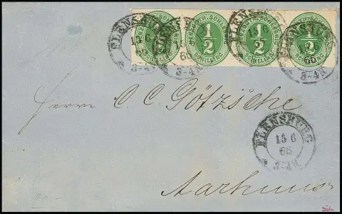 1/2 Sch. grün, waagerechter Viererstreifen auf geringfügig getöntem Prachtbrief mit K2 "Flensburg" 1866 nach Aarhus, sign. Drahn, Kruschel, ex "Romanow"