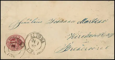 1 1/3 Sch. karmin, äusserst seltene Einzelfrankatur auf Brief mit K2 "Altona", 1867, nach Bremervörde, Porto in der 1. innerpreußischen Entfernung.…