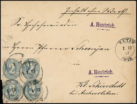 2 Sch. hellblau, Paar und zwei Einzelstücke in guter Erhaltung auf Couvert "Inhalt ohne Werth" mit K2 "Eutin" 1867 nach Kl. Schierstedt bei Aschersleben. Die…